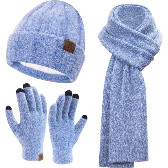 Women's Blue Warm Knit Beanie Hat Touchscreen Gloves Long Neck Scarf Set - Picture 1 of 6